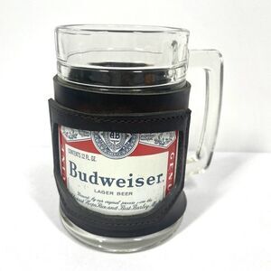 Vintage Label Budweiser 12 oz Glass Beer Mug Wrapped in Real Leather Patina EUC